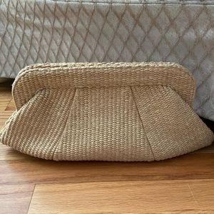 Lauren Merkin Woven Raffia Natural Clutch Gold Metallic details